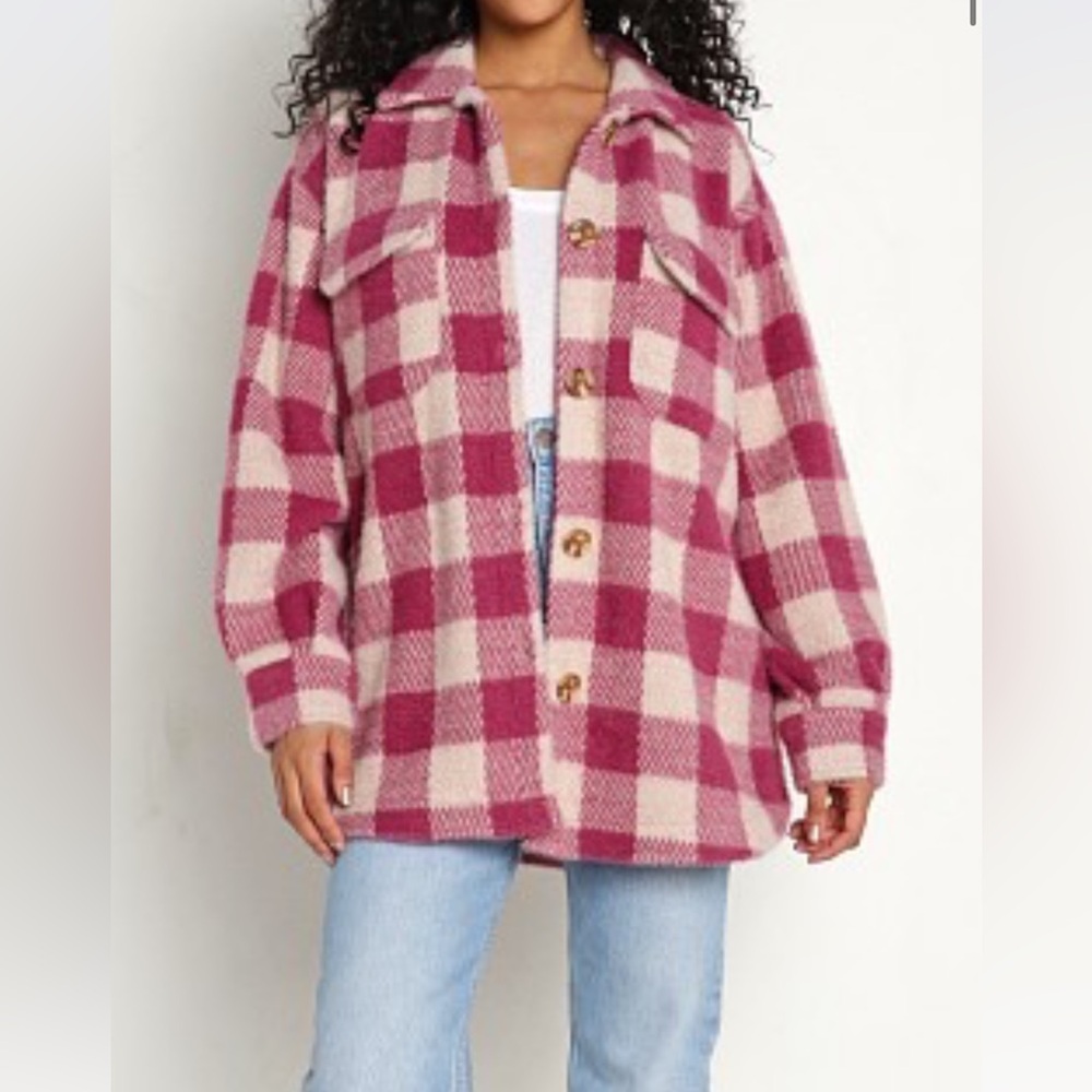Z Supply Plaid Tucker Jacket Berry. Beige and magenta checks. Size small. New!